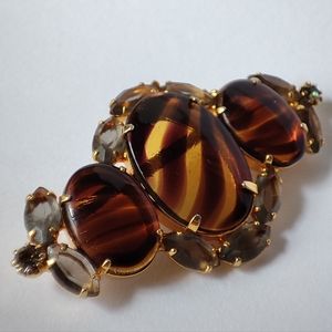 Glass Tortoise Striped Prong Set Brooch Gold Tone Smoke Open Back Prong Set Pin